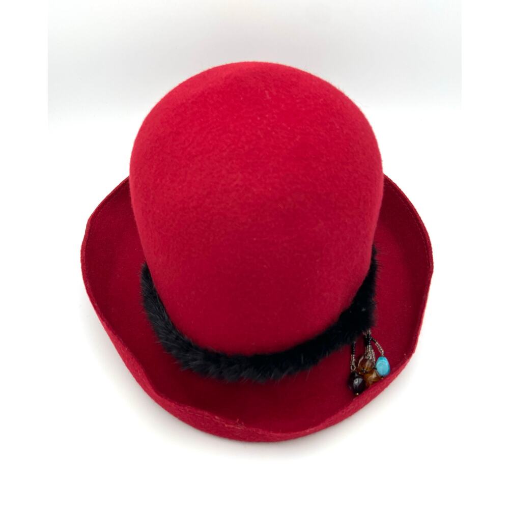 Vintage Liz Claiborne Red Wool Cloche Hat with Mink Fur Trim and Beaded Accent - Picture 8 of 14